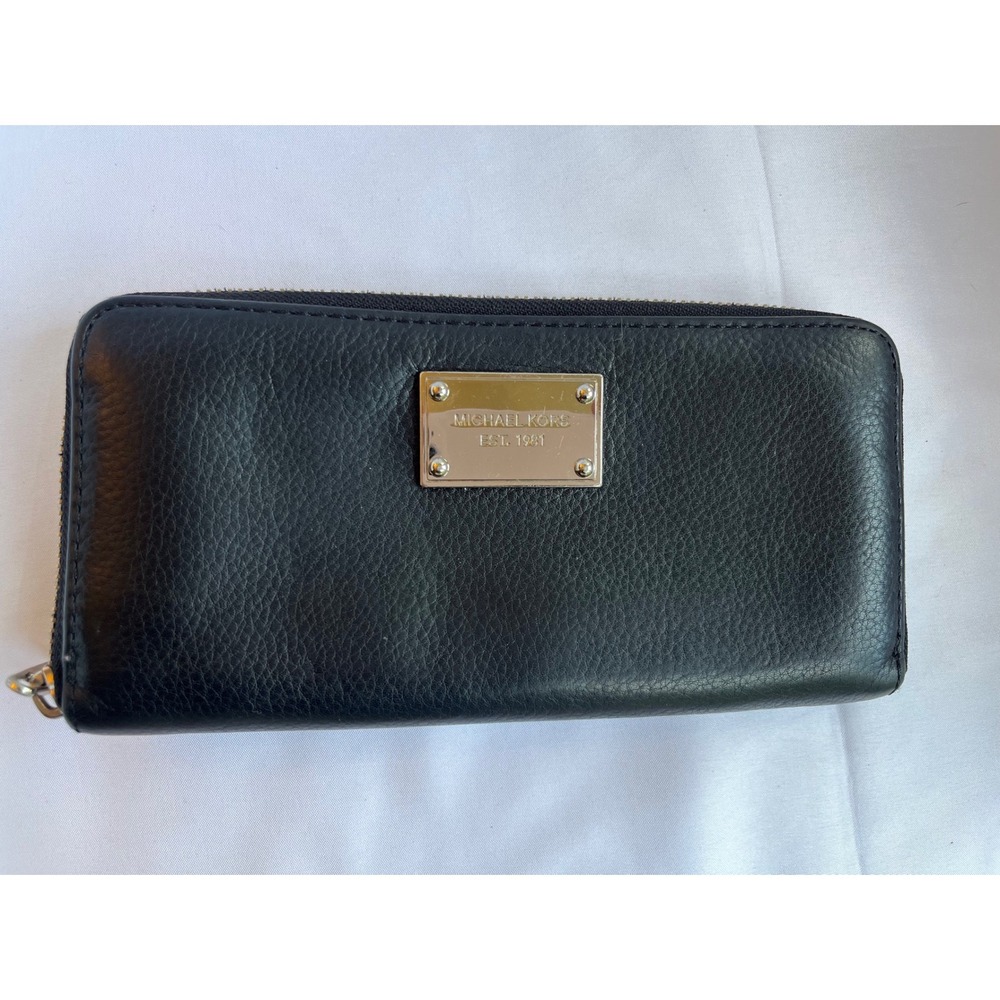 Michael Kors Zip Around Jet Set Continental Wallet Black Pebbled Leather Gold